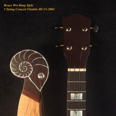 Handmade 5 String Harp Style Concert Ukulele, Solid Spalted Curly Maple, Taiwania , MOP Inlay, Bruce Wei HU15-2004 image 9