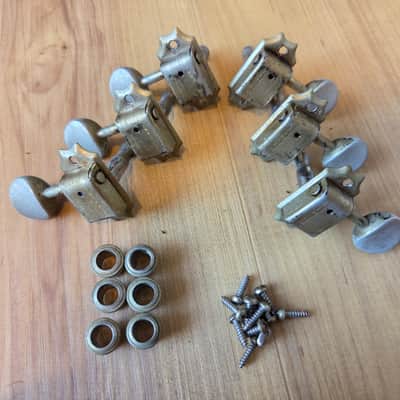 Set of Vintage 1960's Kluson Double Line, Metal Button 3 x 3 Guitar Tuners w/ Ferrules, Screws! image 2