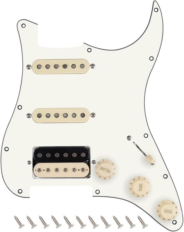 3Ply Loaded HSS Strat Pickguard Vintage Hot F '50s Tones Prewired Pickguard with Staggered Alnico 5 Fiber Bobbin SSH Pickups for Fender Stratocaster Strat ST JT/HBZC-03 Vintage Hot White image 1
