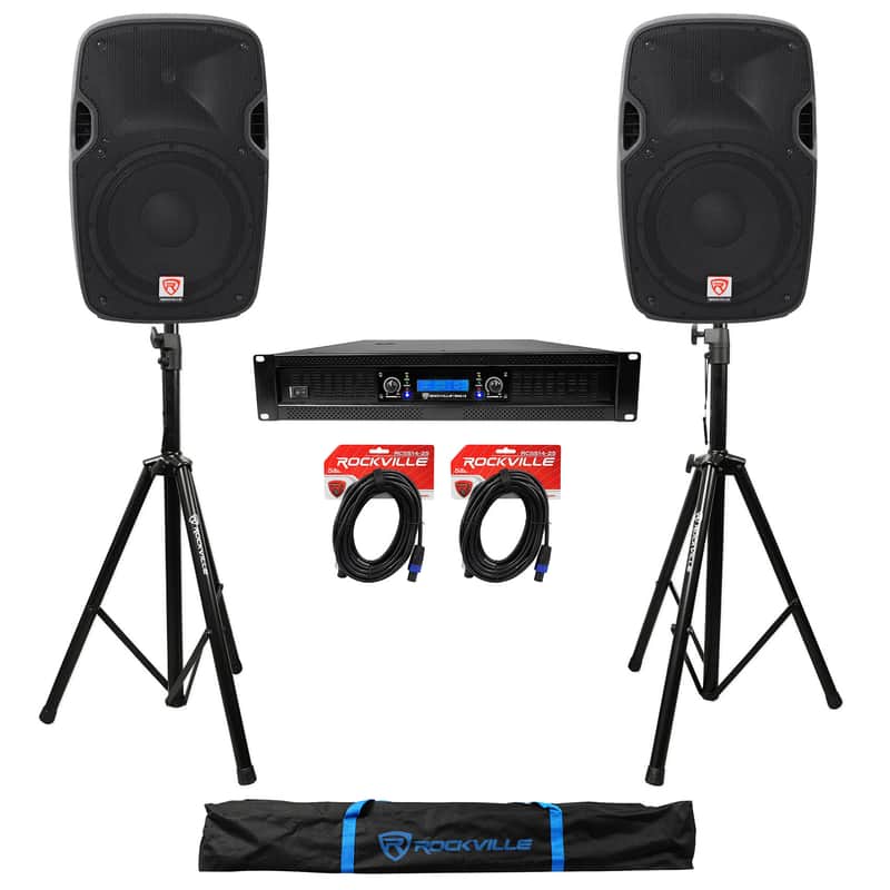 (2) Rockville SPGN128 12" 1200W DJ PA Speakers+Power Amplifier+Stands+Cables image 1