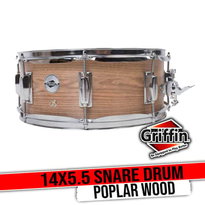 GRIFFIN Snare Drum – 14" x 5.5" (PoplarPro Edition) with Oak Wood PVC Wrap, Coated Head, 8 Tuning Lugs, Deluxe Snare Throw Off & Key