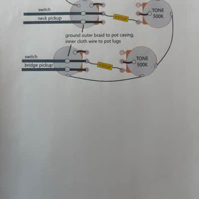Gibson Les Paul 50s style wiring harness with new Bumblebee 0.022uF paper in oil capacitors and split long shaft pots image 6