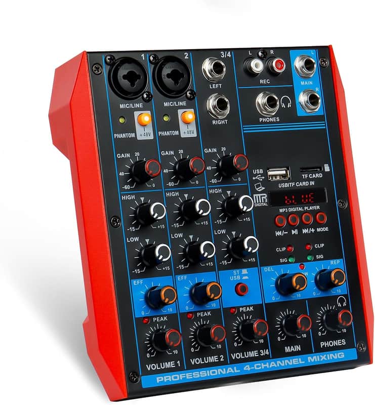 4 Channel Audio Mixer Portable Mini Sound Board Console with USB Audio Interface 48V Phantom Power Bluetooth USB MP3 DJ Mixer for Live Performance DJ Stage image 1