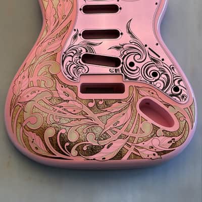 Pink Fender Strat Guitar Body Custom Laser Engraved Lavender Mirror Pickguard with Tremolo Cover HSH, HSS, SSS Setup Available image 4