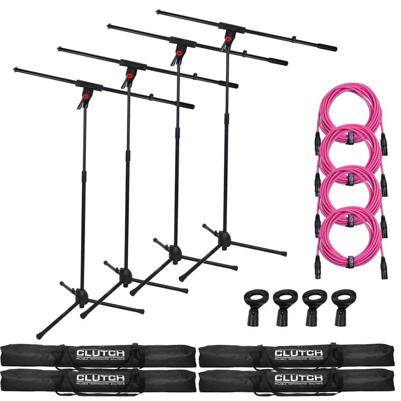 Pro Audio DJ Microphone Boom Stands w Pink XLR Cables, Clips & Bags 4 Pack image 1