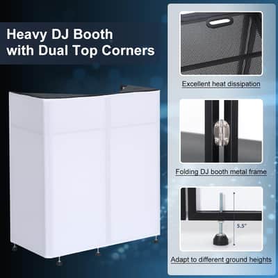 Portable DJ Booth 20"x42.5"x45.3" with Dual Top Corners, DJ Facade Booth with Cable Hole, DJ Table Stand with Light Strip and Remote Control, Metal Frame + Black & White Scrims + Carry Bag image 3