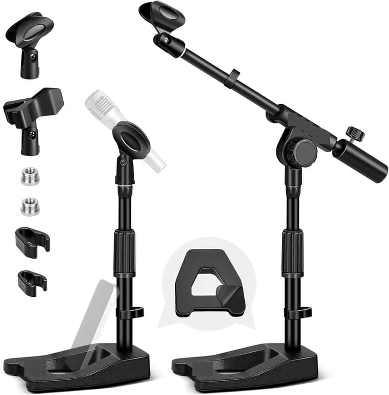 Mic Stand Desk Adjustable - Boom Arm Desktop Microphone Stand Metal Weighted Base A-frame Table Mic Mount with 2 Mic Clips 3/8" to 5/8" Screw Adapter Mic Mount for Singing Stage Performance image 1