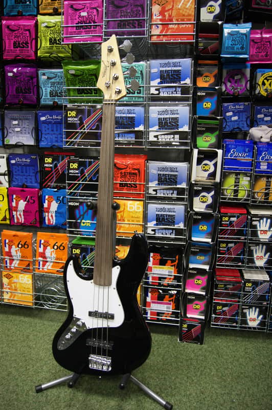 Johnson left handed fretless bass guitar in black image 1