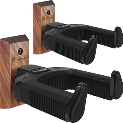 Guitar Wall Mount 2 Pack, Auto Lock Black Walnut Wood Guitar Hanger, Guitar Wall Hangers, Guitar Holder Hook Wall Stand for Classical, Acoustic, Electric Guitar, Banjo, Bass, Gift for Guitar Player image 1