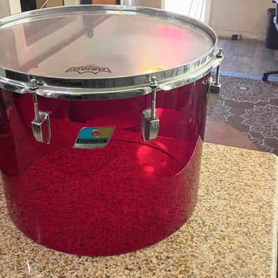 Vintage 1970s Ludwig Red Acrylic Vistalite 15"Concert Tom Drum Iconic Blue & Olive Badge Rare image 1