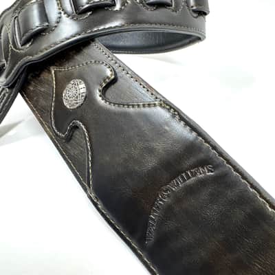 Walker & Williams LIP-06 Dark Rye Tan Carved Leather Spade Cut Strap with Tooled Cross and Thorns image 7