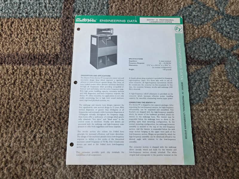 Vintage 1970's Electro-Voice Sentry IV Professional Loudspeaker System Spec. Sheet! image 1