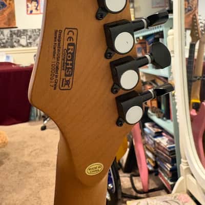 1 of 1 Custom Red Cordovox Strat Style / ST HSS Electric Guitar | Gold Control Knobs w/ Abalone Shell | Shiny Blue Pickup Switch Cap | White Pearl Pickgaurd | Abalone Shell Fret Stickers | Roasted Maple Neck / Fretboard image 5