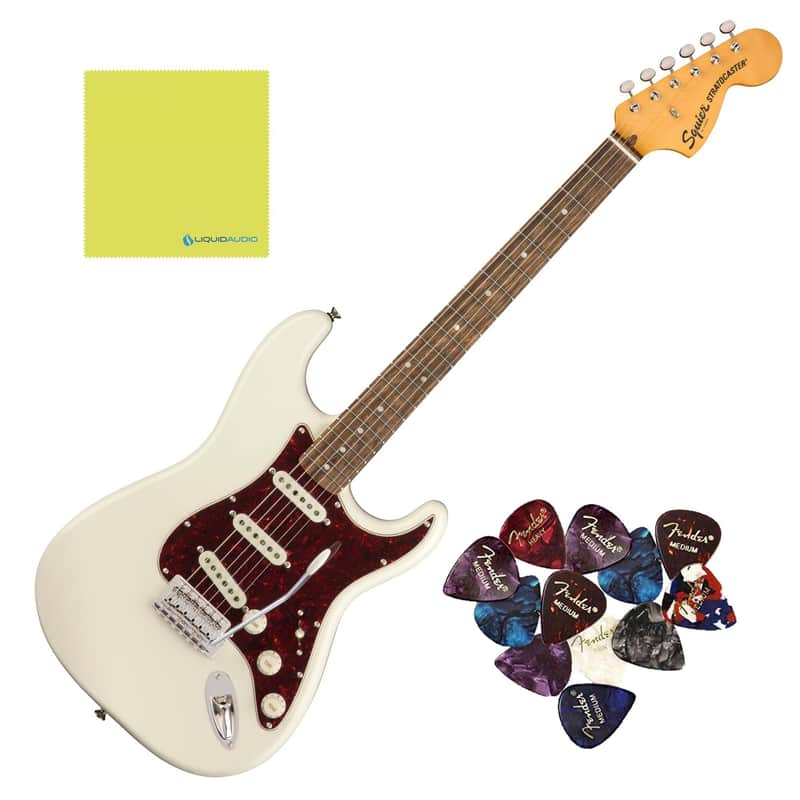 Squier Classic Vibe '70s Stratocaster, Indian Laurel Fingerboard, Olympic White - 0374020501 Bundle w/ 12-Pack Guitar Pick and Liquid Audio Polishing Cloth image 1