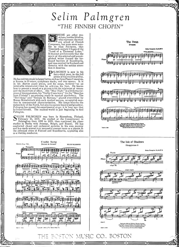 Compositions of SELIM PALMGREN Piano Solo Grade IV The Swan Svanen Op.28 Vintage 1912 edition image 1