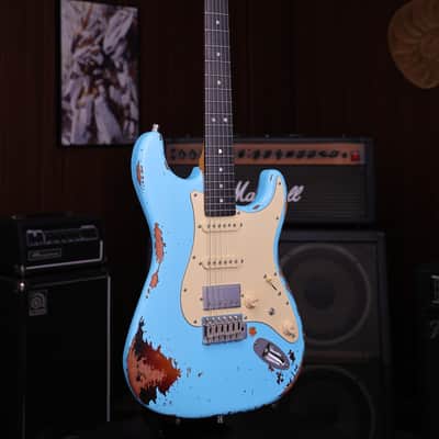 Dhatarattha HSS Strat-Style – Surf Blue Over Sunburst Nitro Relic image 7
