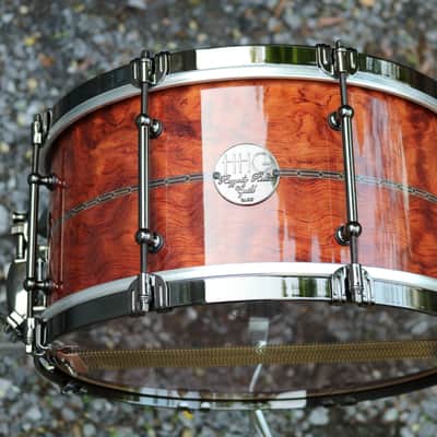 HHG drums 14x7 Bubinga, Tulipwood, Maple  2021 High Gloss Natural Lacquer, Herringbone Inlay, Black Nickel Hardware image 14