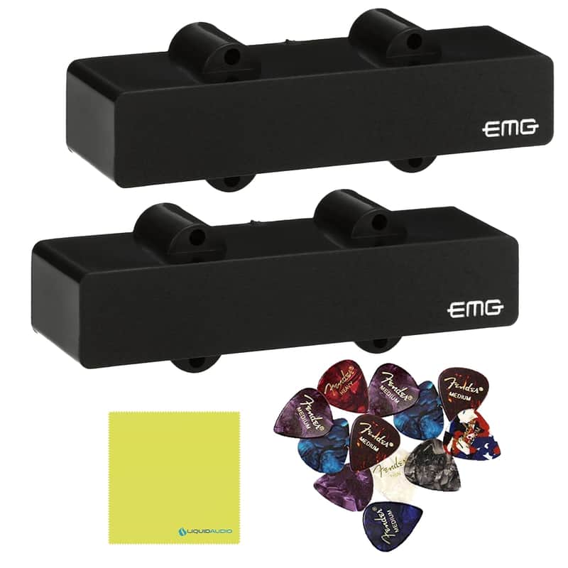 EMG J Active Bass Guitar Pickup Set, Black Bundle w/ 12x Guitar Picks, and Liquid Audio Polishing Cloth image 1