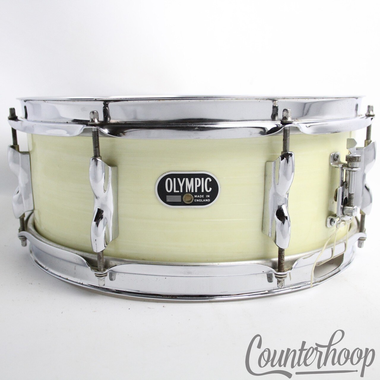 Premier Olympic 14x5.5"White Silk Snare Drum 8Lug Vintage 60s 3Ply Birch Chrome — main photograph