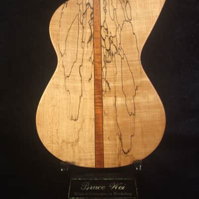 Handmade 5 String Harp Style Concert Ukulele, Solid Spalted Curly Maple, Taiwania , MOP Inlay, Bruce Wei HU15-2004 image 6