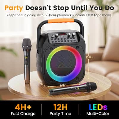 Machine for Adults, Portable Bluetooth Karaoke Speaker with 2 Wireless Microphones, Echo Adjustment, LED Lights, PA System with 6.5" Subwoofer, Support TV/AUX/USB/TF Card (Black) image 2
