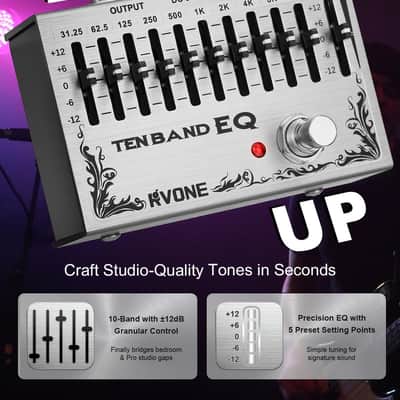 RVONE 10-Band Equalizer Pedal | Low-Noise EQ Pedal for Guitar, Bass & Pedalboards | True Bypass for Pure Signal Effects Chain | Live Stage, Studio Recording & Mixing (31.25Hz–16kHz ±12dB) | Portable image 3