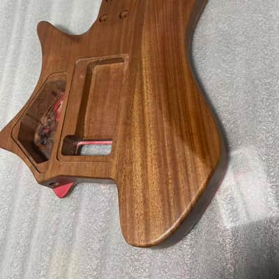 Vibrato system Headless Electric Guitar Body | Mahogany Core with Burl Top & Red Resin Inlay  2. Headless Style Guitar Body, Mahogany Base + Burl Wood & Sparkle Red Resin Finish image 5