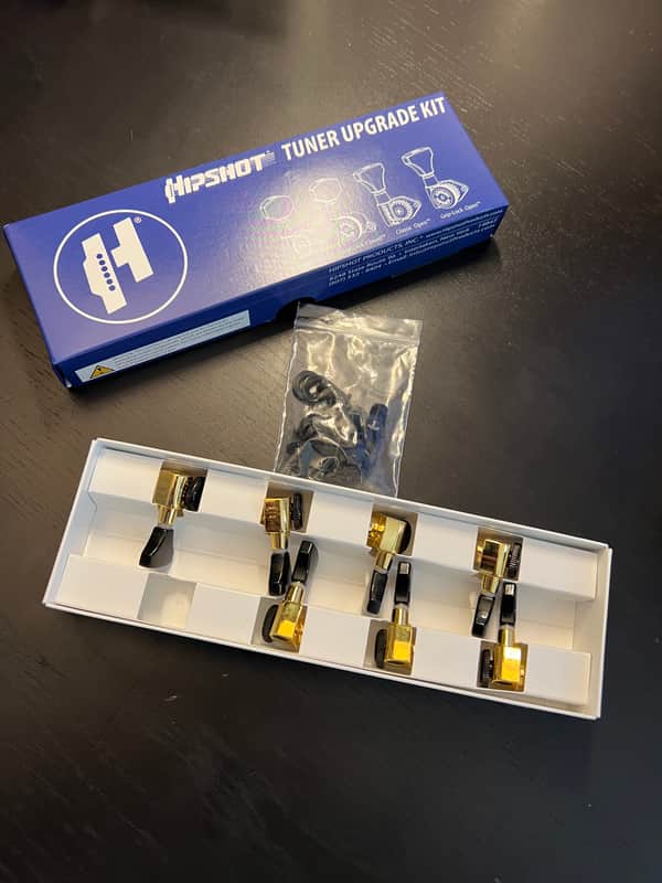 Hipshot 7 In-Line Grip-Lock Open Locking Tuners (Reverse Headstock/Treble Side) - Black / Gold Hybrid image 1