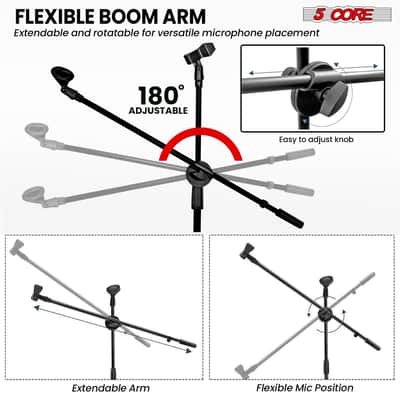5 Core Microphone Stand Set 2 Pack with Adjustable Tripod Base and Boom Arm image 3