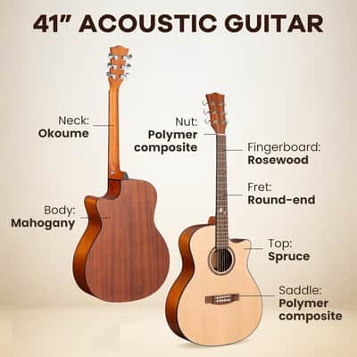 Acoustic Guitar Beginner Set - 41" Full Size Spruce Top Mahogany Body with Neck Rosewood Fingerboard, Cutaway Design, Balanced Rich Tone with Gig Bag, Strap, Capo, Strings & Picks image 2