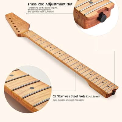 Electric Guitar Neck, 12"-16" Compound Radius, One-Piece Flame Canadian Hard Maple, 22 Stainless Steel Frets (2.4x1.4mm), Oiled Bone Nut 42mm, Matte Finish image 5