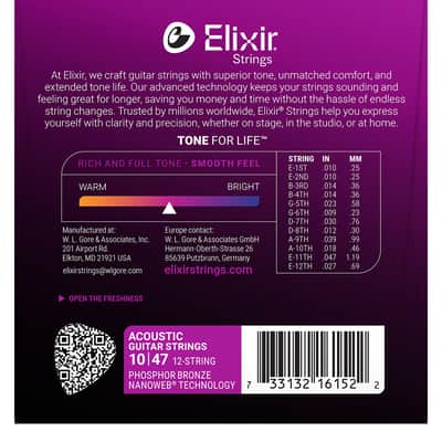 Elixir 16152 Phosphor Bronze (12 String) Acoustic Guitar Strings with NANOWEB. Light 10-47 & 10-27 image 2