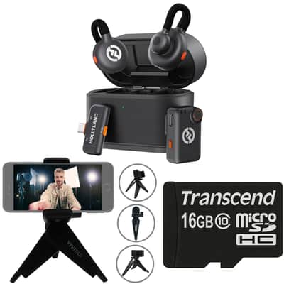 Hollyland LARK M2S Mini Combo 2-Person Wireless Microphone System - Universal Compatibility (2.4 GHz, Space Gray) + Vivitar compact Selfie Video Tripod + 16GB Transcend MicroSD Memory Card with Adapter image 1