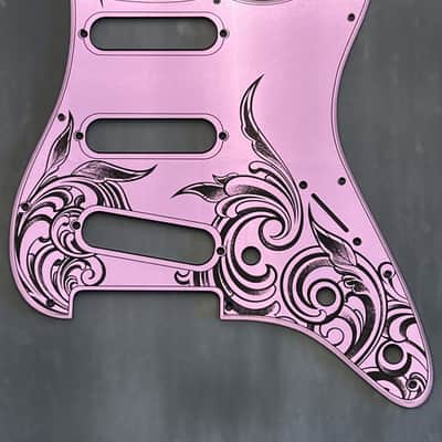 Pink Fender Strat Guitar Body Custom Laser Engraved Lavender Mirror Pickguard with Tremolo Cover HSH, HSS, SSS Setup Available image 3