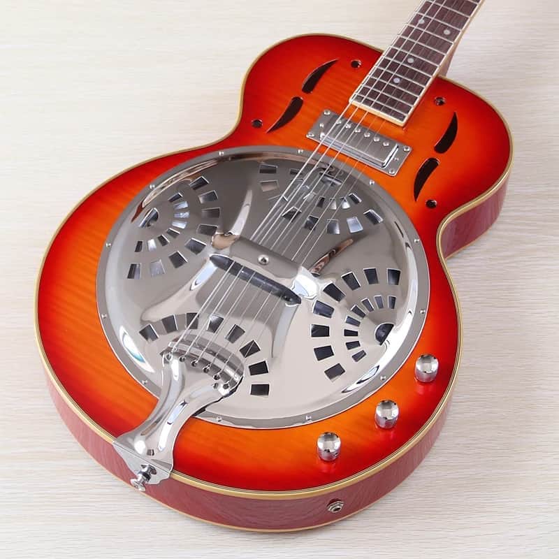 Cherry Burst Custom Resonator Electric Acoustic Guitar, Flamed Maple Top Body, Mahogany Neck image 1