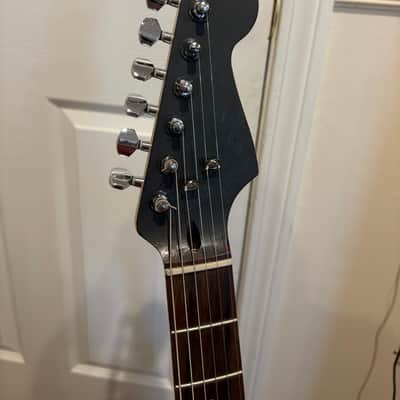 1 of 1 Custom Fender Squier Strat "Midnight Ocean" 2011 - Glossy Black Body w/ Blue Pearl Pickgaurd + Silver Pickups & Control Knobs | Rosewood Fretboard | Hand Painted Headstock | Silver Whammy Bar (Tremelo Arm) | Moon / Ocean / Nautical image 6