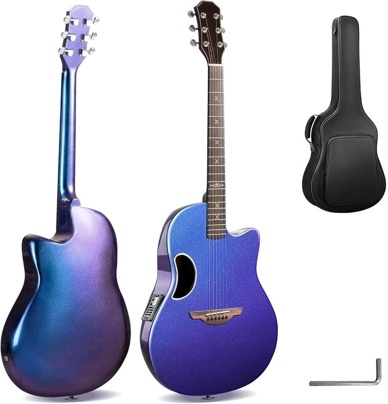 Acoustic Electric Guitar Kit - 41” Carbon Fiber Adult Beginner Set with Bag and Strap Built-In Pickup Rich Resonance & Warm Tone for Performance Ready, Pearl Blue-Purple Finish image 1