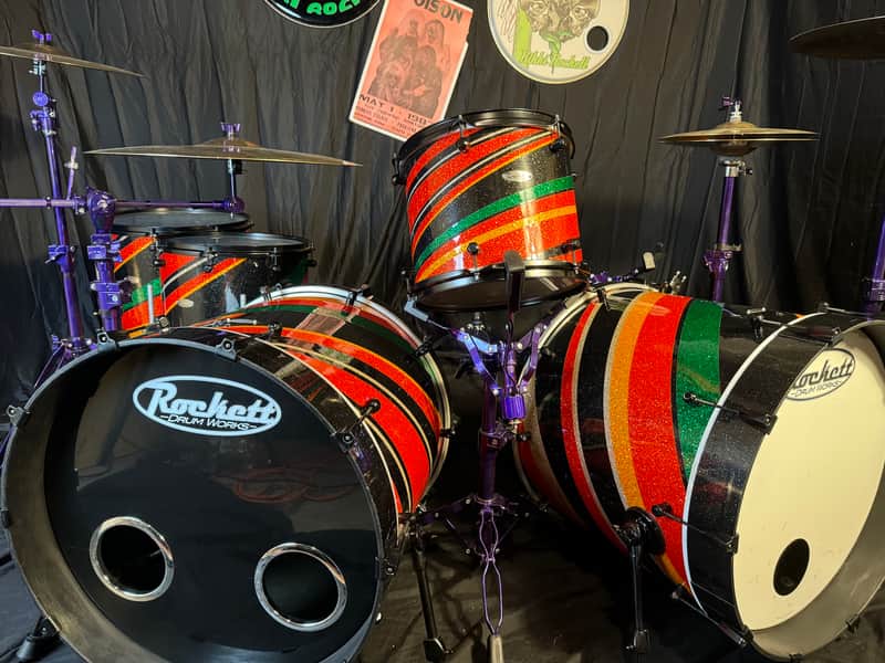 Rikki Rockett's Poison, Rockett Drum Works 2011 Tour Set. Maple/Carbon Fiber 18x22 (x2) 14.5x16, 12.5x14, 9.5x12. MultiColor Stripe Wrap image 1