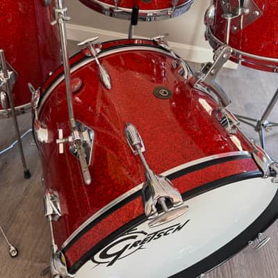 Gretsch  1962 Era Round Badge Progressive Jazz Bop Drum Set 18 Inch Bass Drum Tangerine Glass Glitter image 3