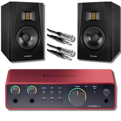 Focusrite Scarlett 2i2 4th Gen USB Audio Interface with Adam Audio T5V 5" Powered Studio Monitors and Cables image 1