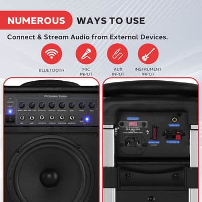 Wireless Portable PA System-400W Bluetooth Compatible Rechargeable Battery Powered Outdoor Sound Stereo Speaker Microphone Set w/Handle, Wheels-1/4 to AUX, RCA Cable image 2