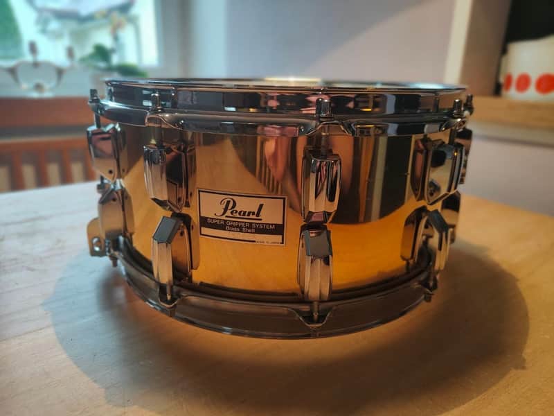 Pearl Super Gripper System Brass Shell 14″ x 6.5″ Snare Drum 1980's Brass image 1