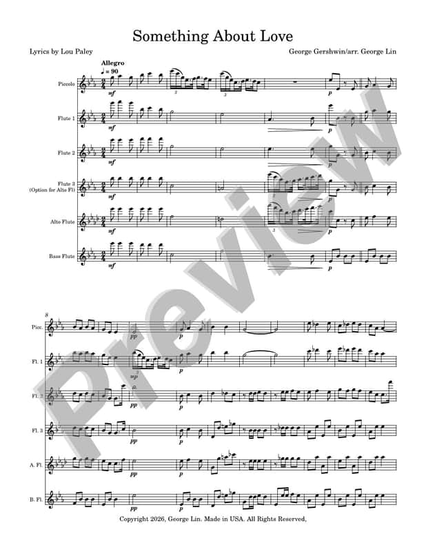 Flute Sheet Music - Something About Love (George Gershwin).   Arranged for flute quintet.  Full Score and Parts. image 1
