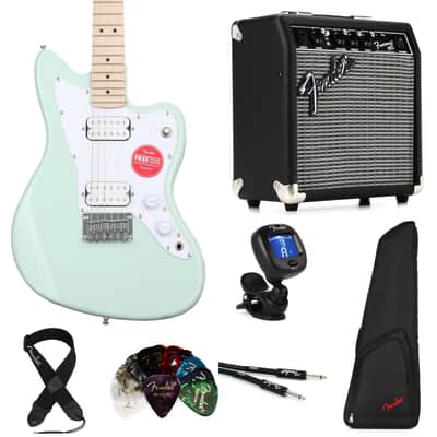 Squier Mini Jazzmaster HH Electric Guitar and Fender Frontman 10 Amp Essentials Bundle - Surf Green image 1