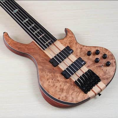 Custom Fretless 5 String Electric Bass, Burl Wood Top Body, Maple Neck image 1