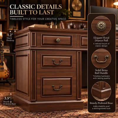 60.6" Old-School Walnut Music Executive Desk 7-Drawer Producer Studio Workstation w/ Charging Hub image 5