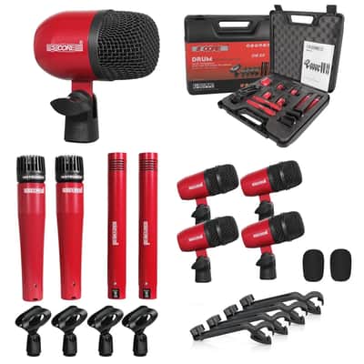 5 Core 9 Piece Drum Microphone Set w Kick Bass, Tom/Snare and Condenser Hi Hat & Cymbals Mics - Red image 1