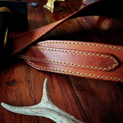 Handmade Leather Guitar Strap - Wolf in Chestnut and Pea Green [SOLD, MORE MADE TO ORDER] image 2