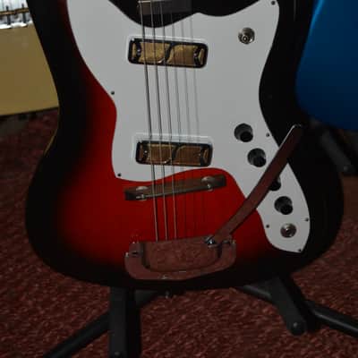 c. 1966 Vintage Harmony Holiday Bobcat, in Redburst w/DeArmond Gold foil PU's. New Black Dunlop Straplocks & New tuners installed, Fret markers installed, Ground installed & Set-Up, plus New Garry Black Hardshell Case image 1