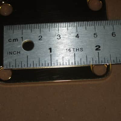 very lightly relic'd genuine Fender Gold Four Bolt Neck Plate (gold plated steel) +screws p/n 0991447200 (blank, NO Micro-Tilt Adjustment) from 2002-2003 SRV Artist Ser Strat (NO guitar) but can be used on dif year guitar / bass] Screws: # 8, 1&1/4" L image 6